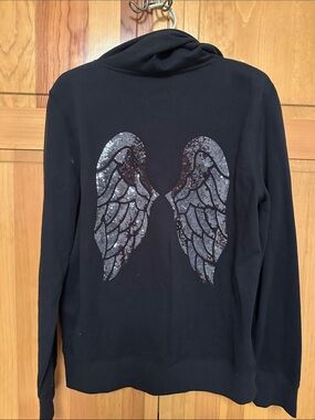Victoria's Secret Black Hoodie with Silver Sequin Angel Wings